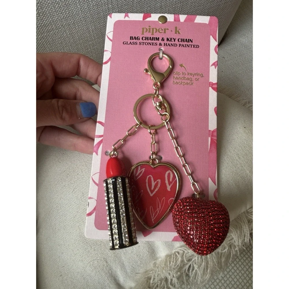 Piper K Bag Charm Keychain Embellished Lipstick Heart Red Girly Love NWT